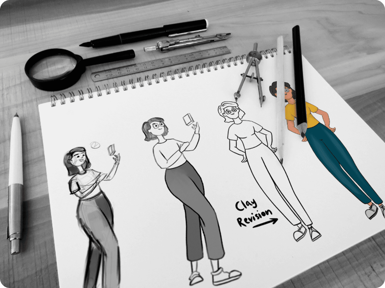 Five-angle character turnaround on laptop