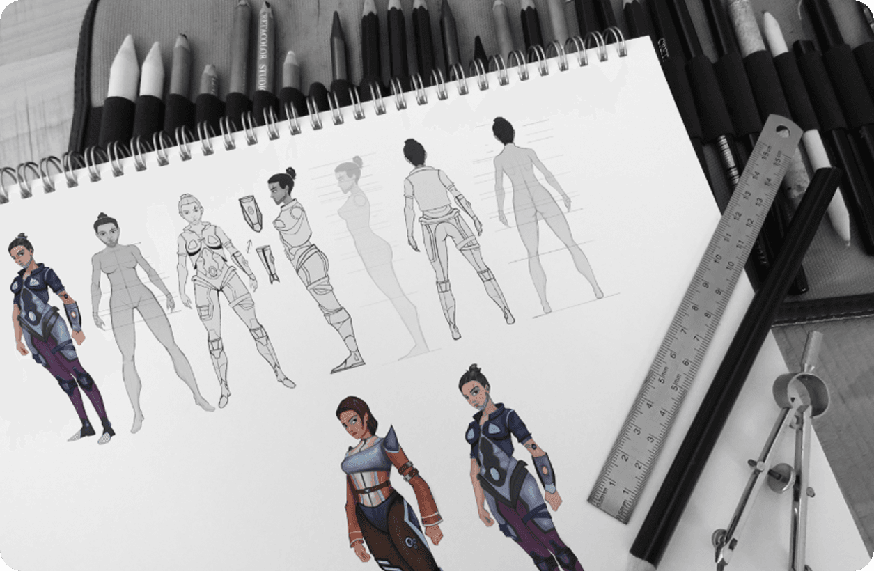 Character pose studies with clay revision notes