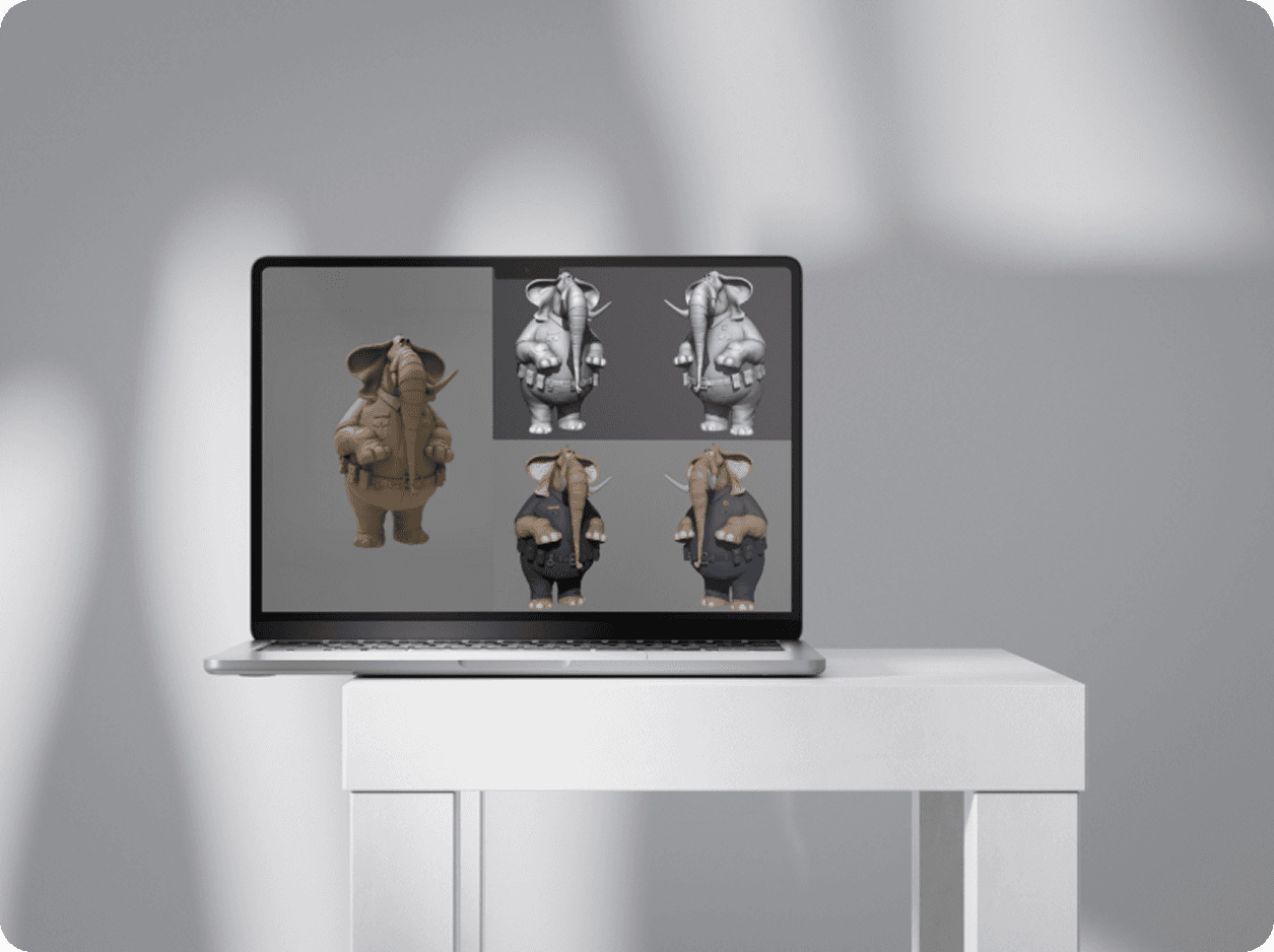 Rendered samurai character model on laptop