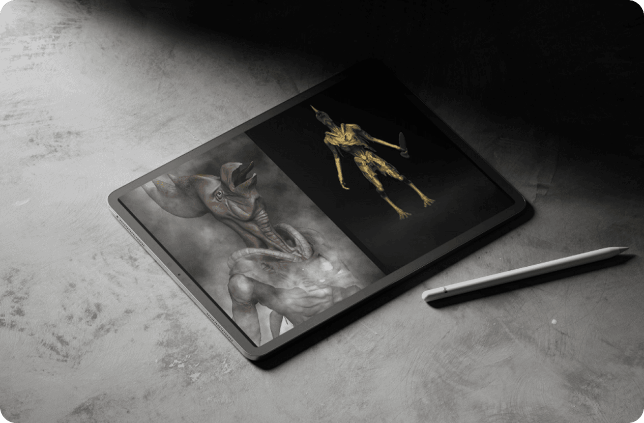 Split-screen creature concept and gold-rendered skeleton model