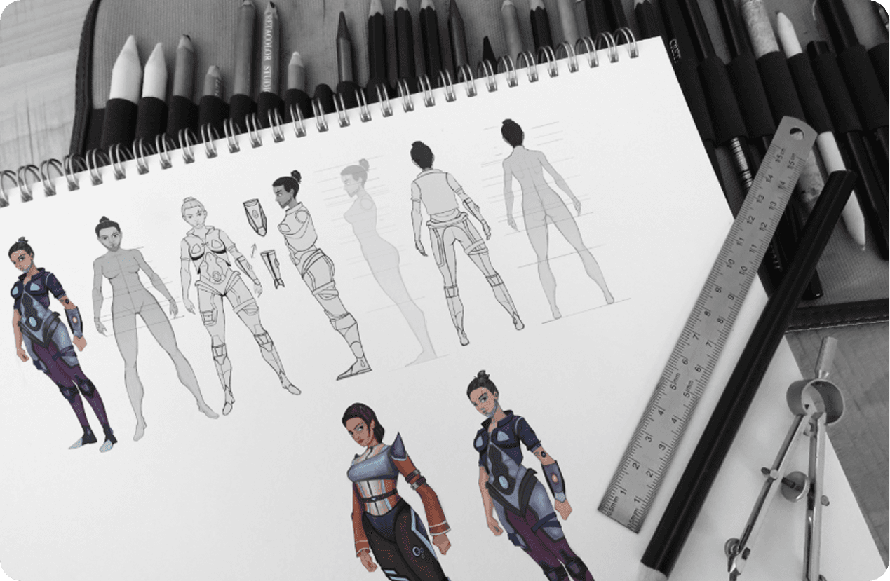 Sketchbook studies of character body proportions