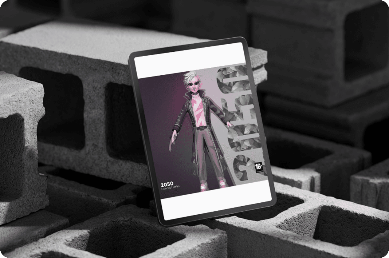 2050 cyberpunk character design on tablet