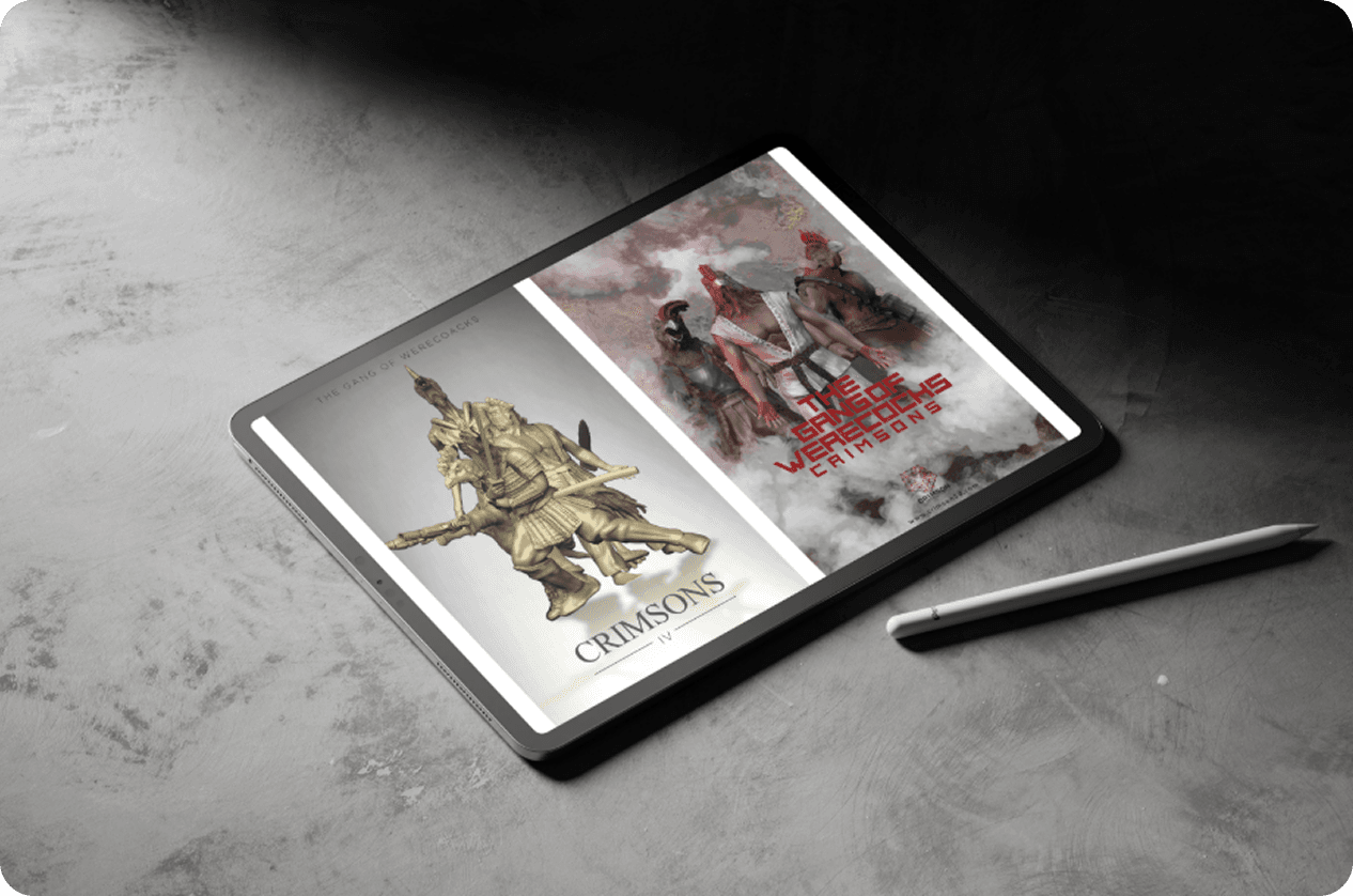 Crimsons and Saga of Werecons cover artwork on tablet