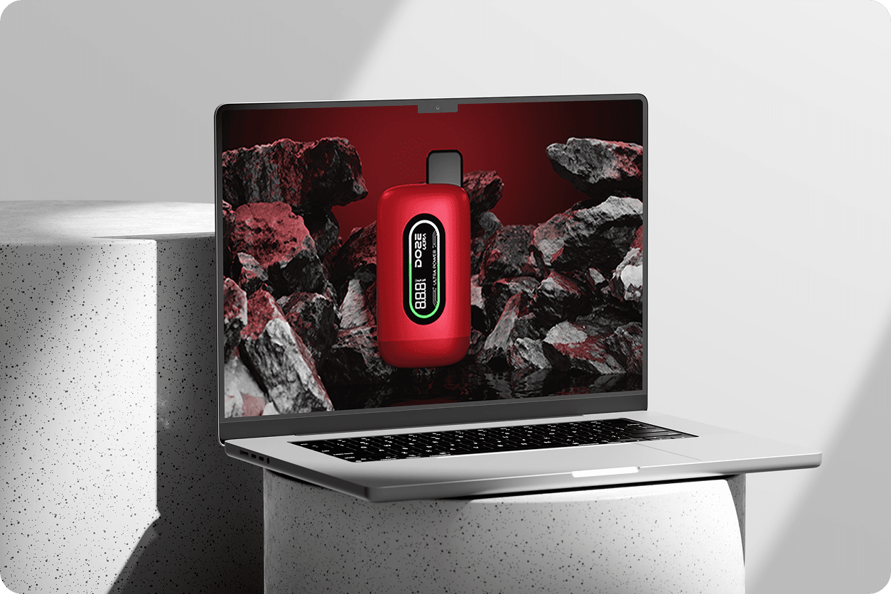 Red vape device render against rocks, shown on laptop