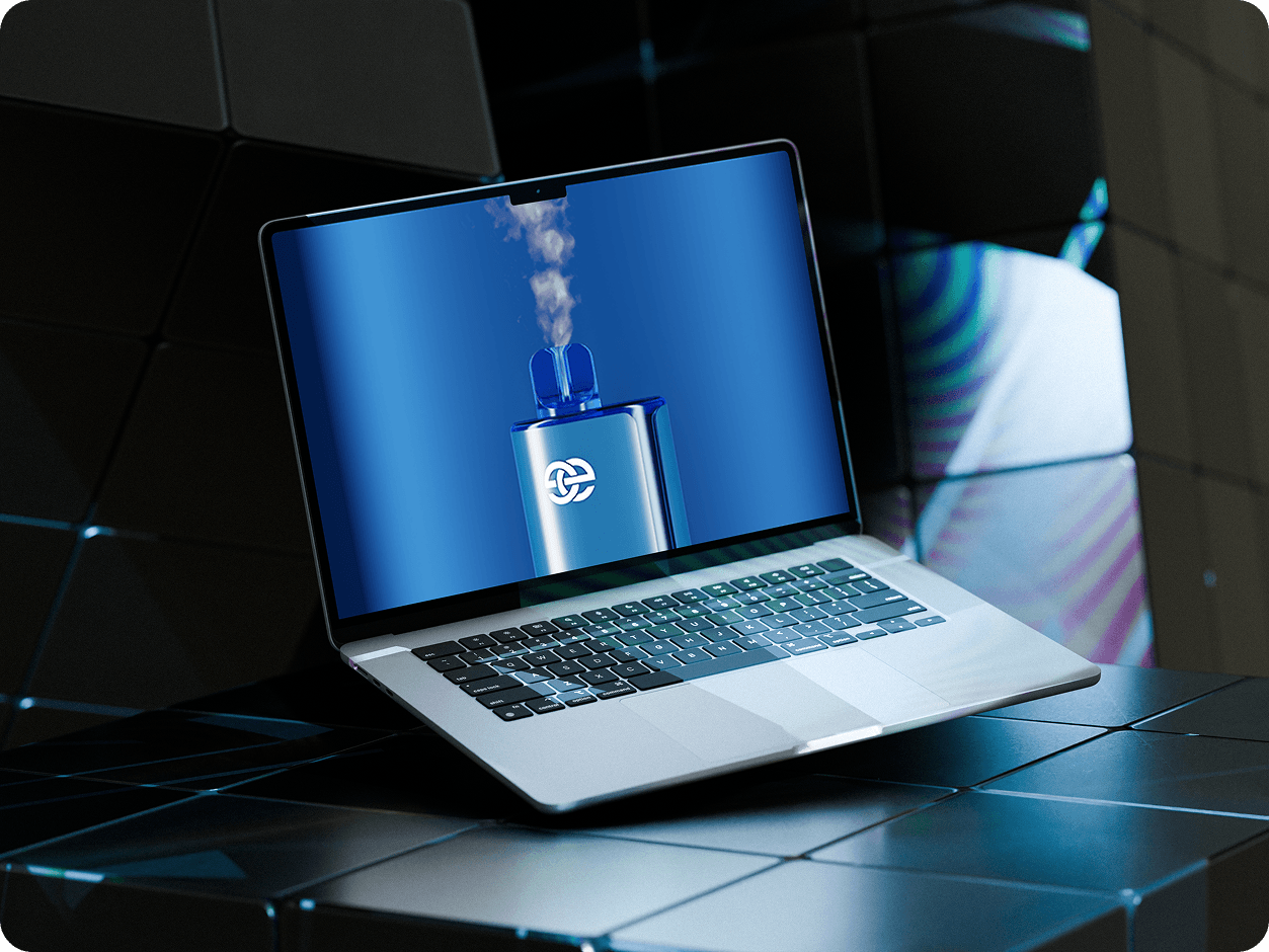 Blue vape device render with smoke effect on futuristic dark surface