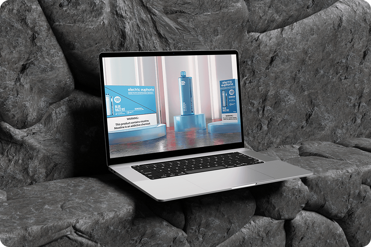 Blue product packaging and room render on rocky surface