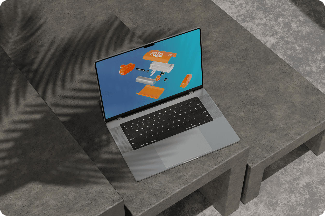 Colorful bottle render on rocky surface with palm shadow