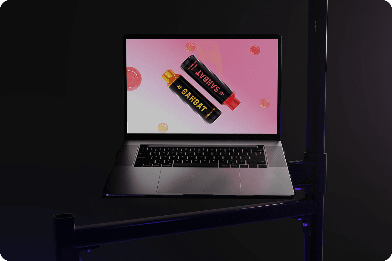 Pink-themed Sahbat product packaging render on dark surface