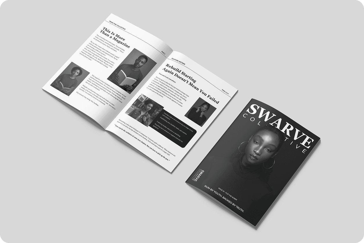 Swarve Collective art direction — open magazine spread beside cover on light gray surface