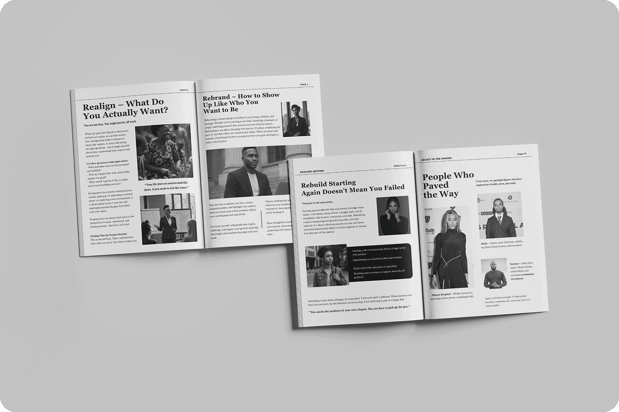Swarve Collective cultural identity — editorial spreads showing Realign, Rebrand and People Who Paved the Way articles