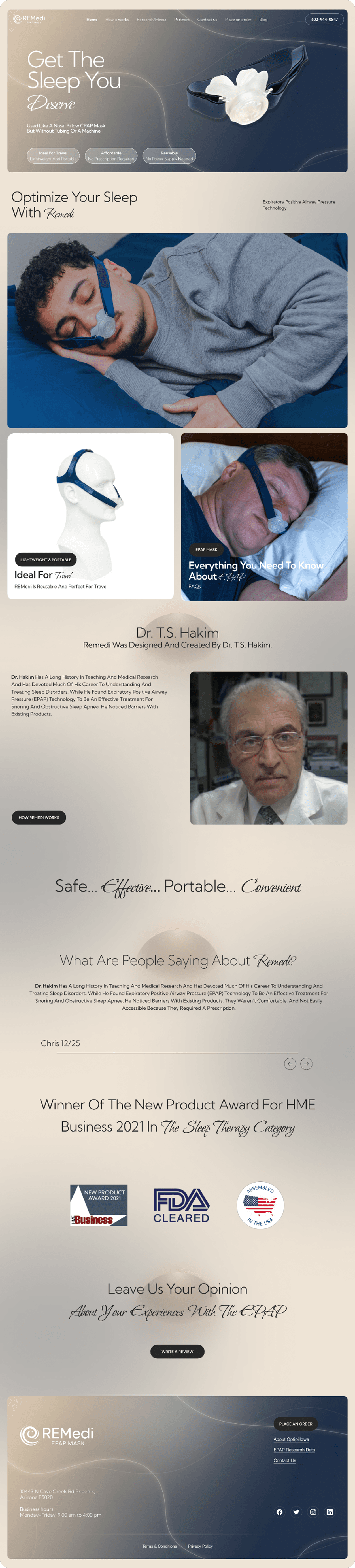 REMedi sleep therapy website — hero, product overview and doctor credibility sections