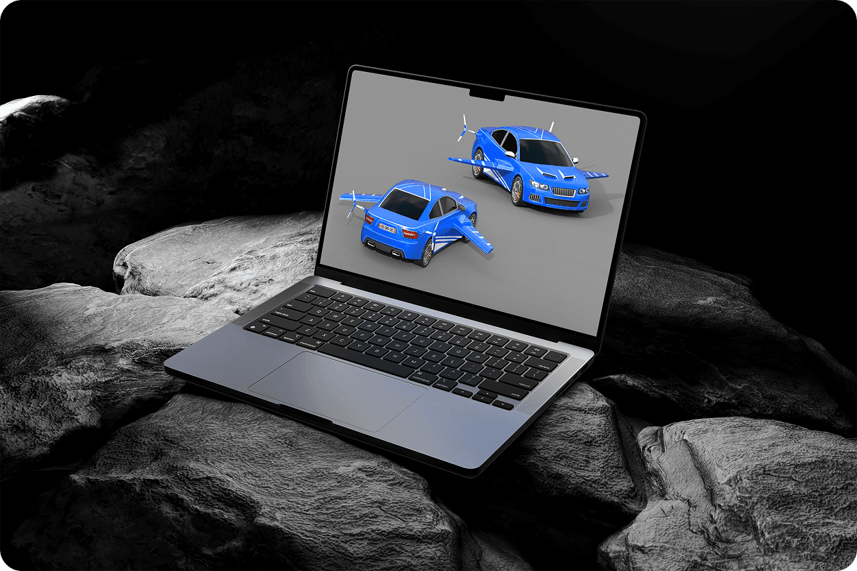 Laptop on dark rocks showing two blue sports car 3D models