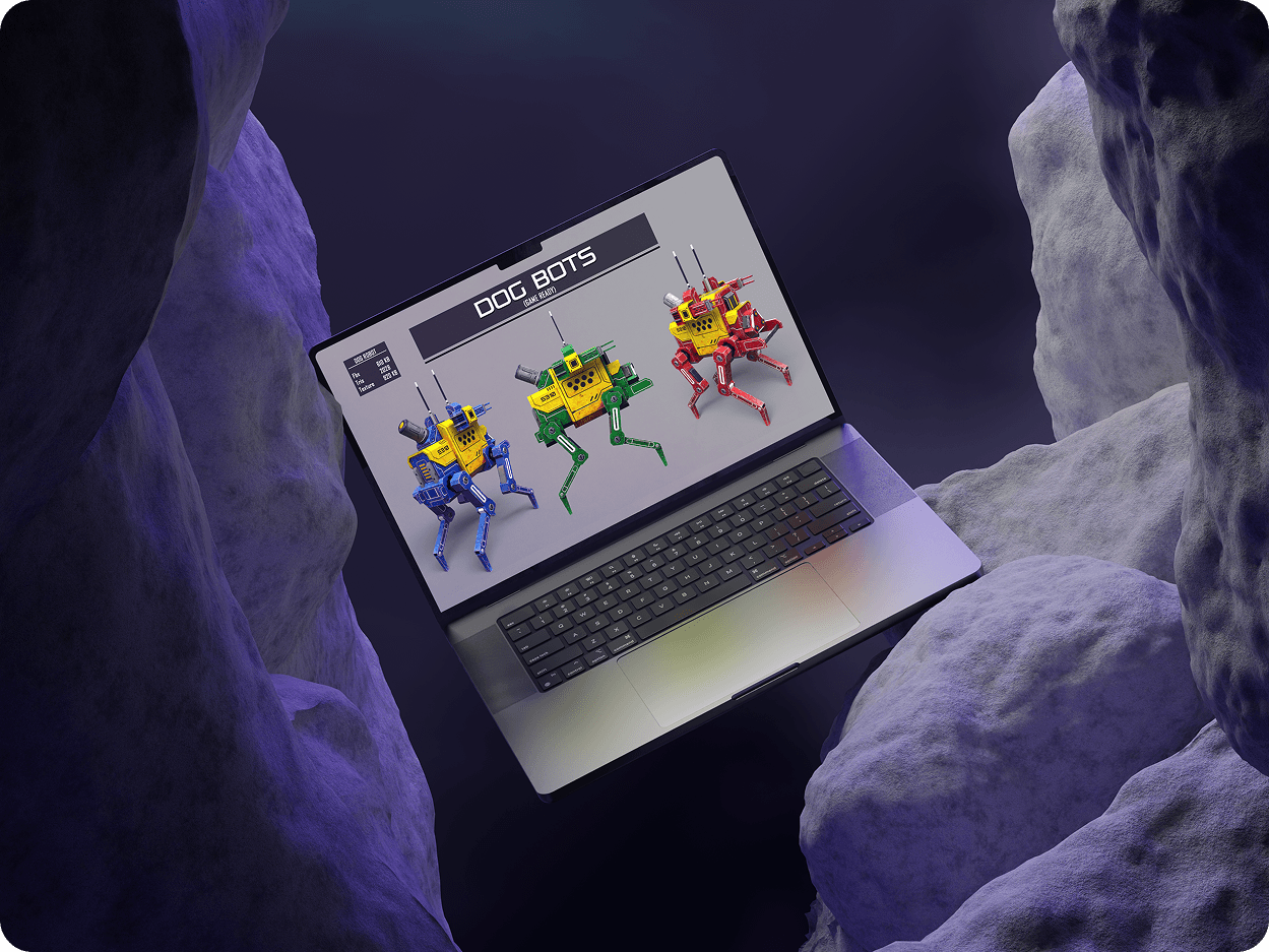 Laptop in purple-lit cave setting showing cartoon frog character 3D models