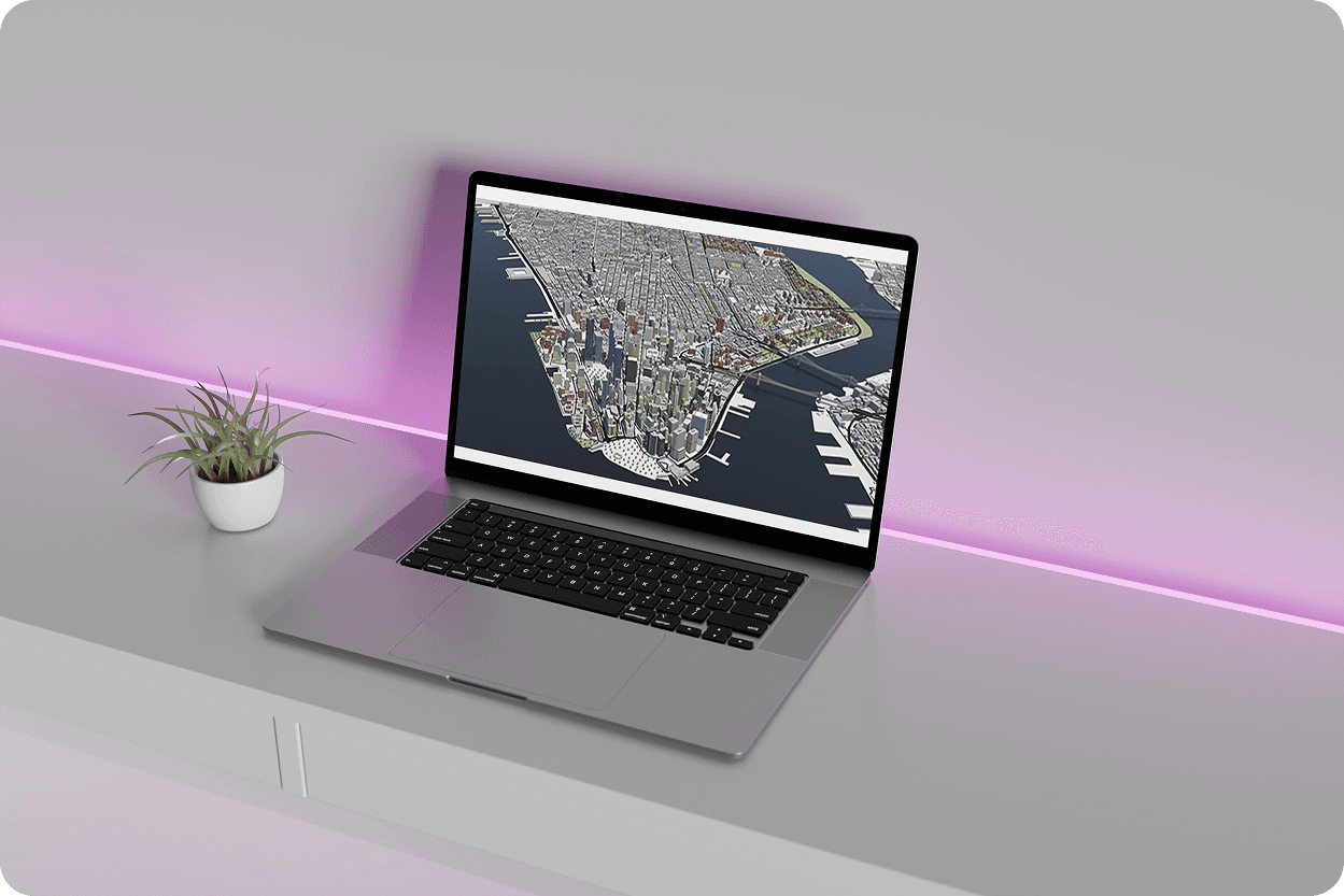 Laptop on purple shelf showing aerial 3D city render angle 1