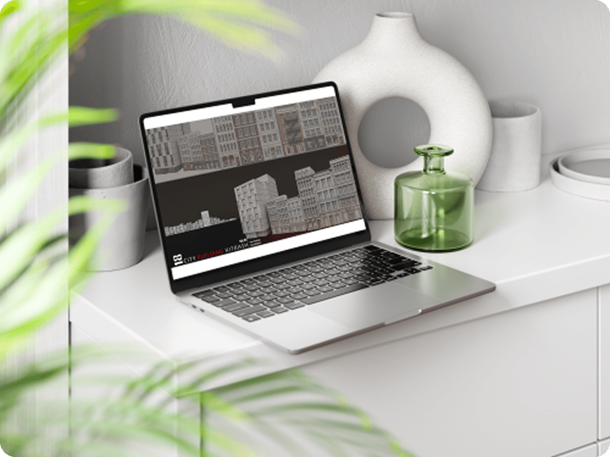 Laptop outdoors on wood table showing 3D countryside road environment