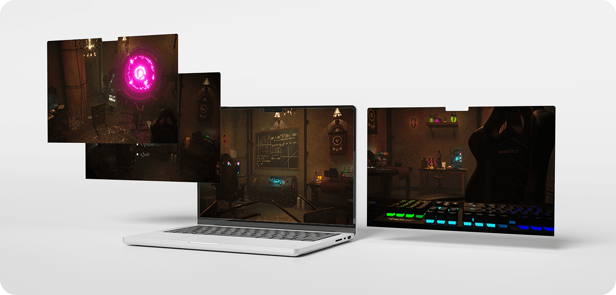 Laptop on white desk with plant showing dark fantasy mushroom character model