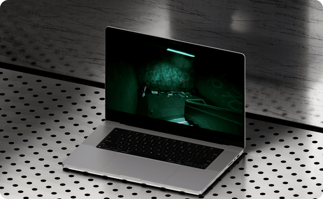 Laptop with cactus showing gothic chandelier ballroom environment angle 1