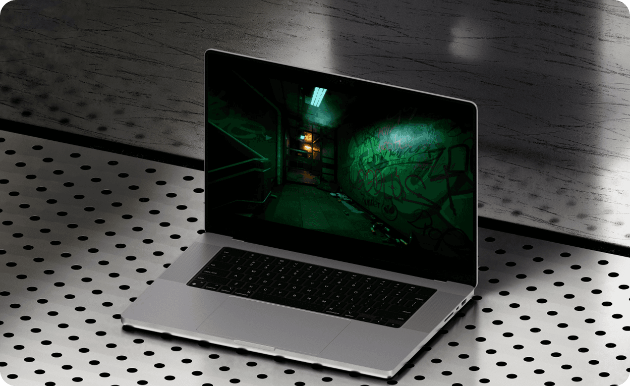 Laptop with cactus showing gothic ballroom doorway environment angle 3