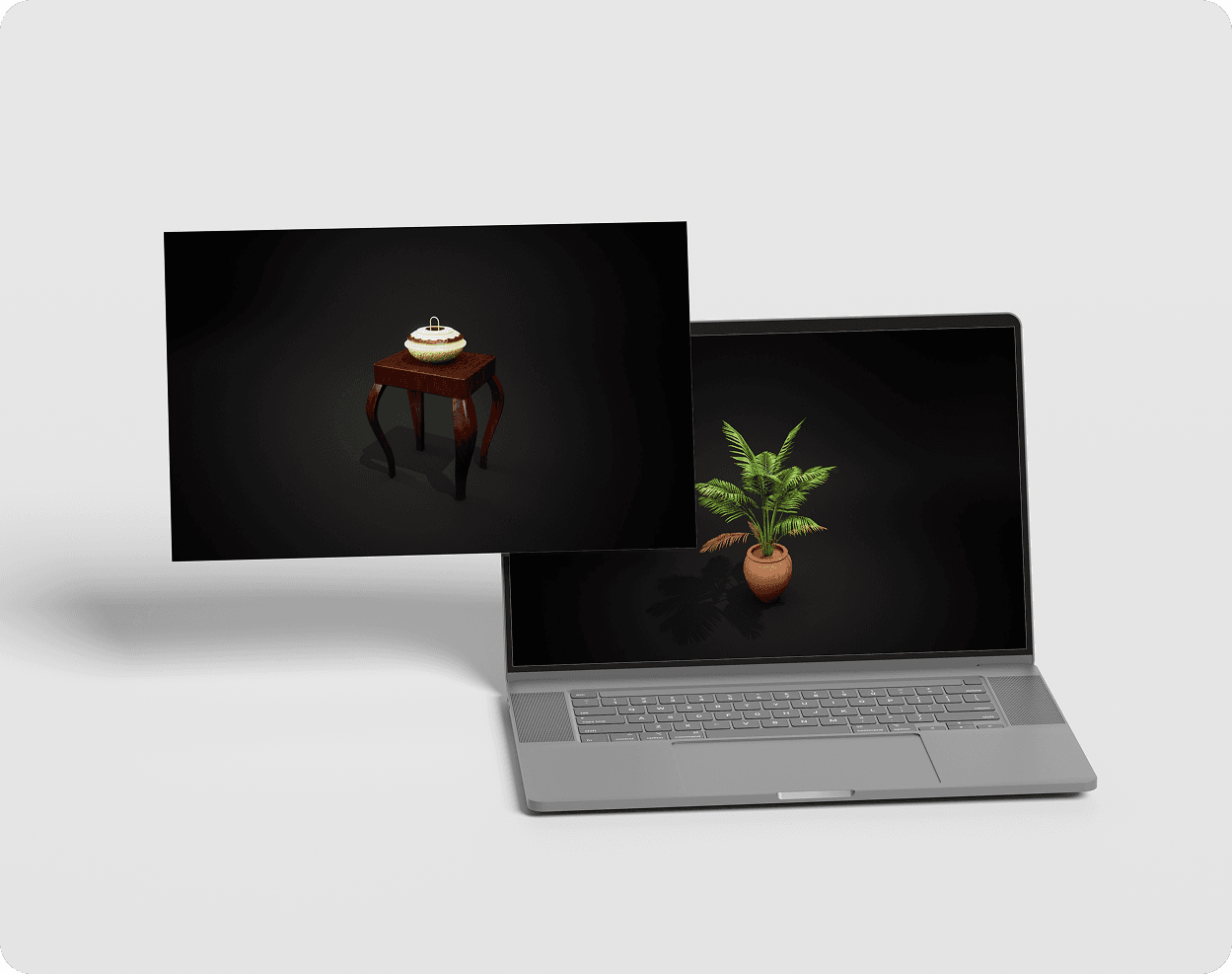 Laptop on white table showing warm antique interior environment render 1