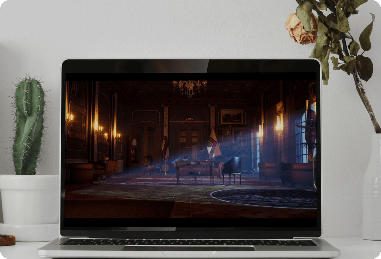 Laptop on white table showing warm antique interior environment render 2