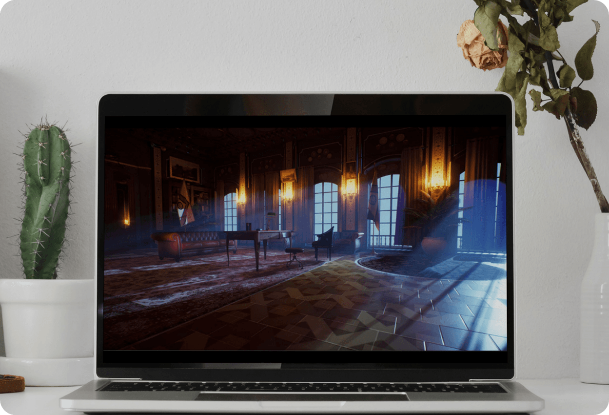 Laptop on white table showing warm antique interior environment render 3