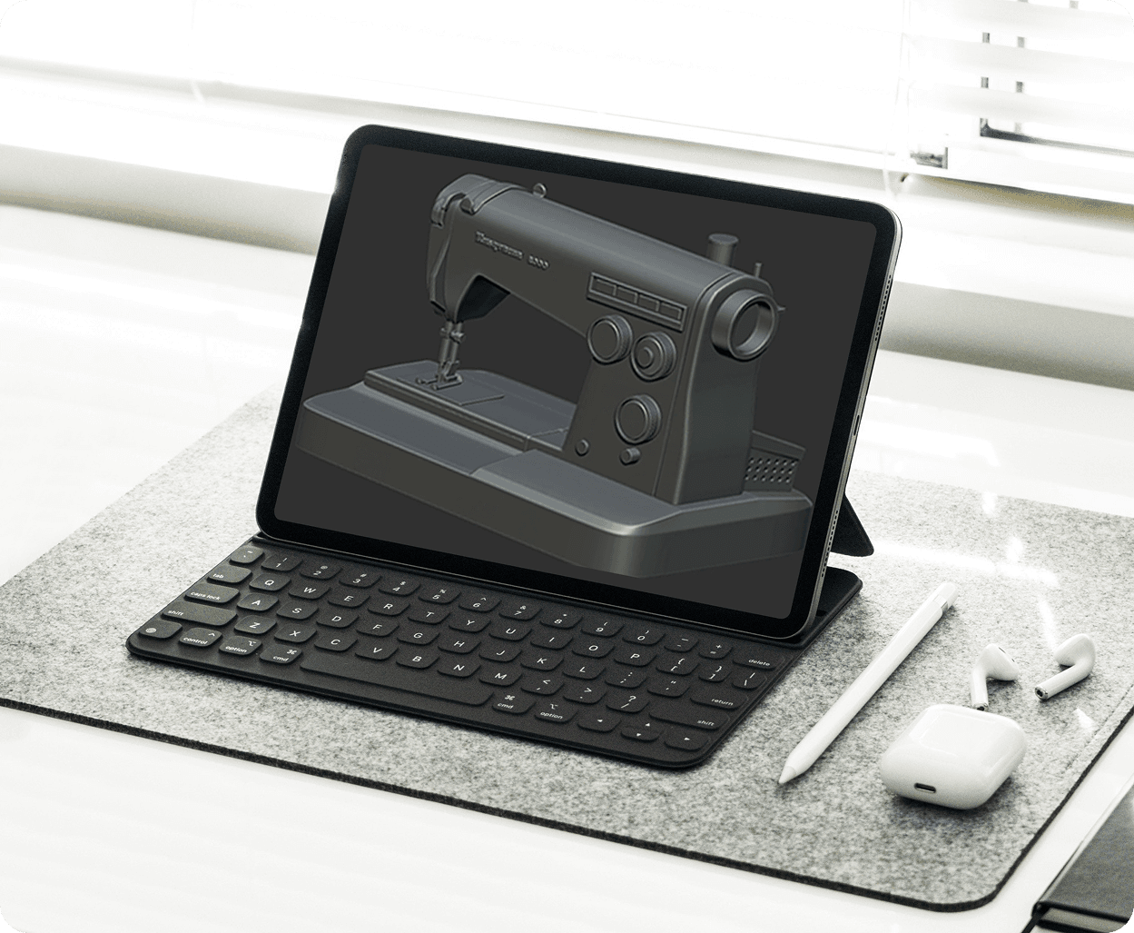 iPad on desk with keyboard showing dark 3D sewing machine model render
