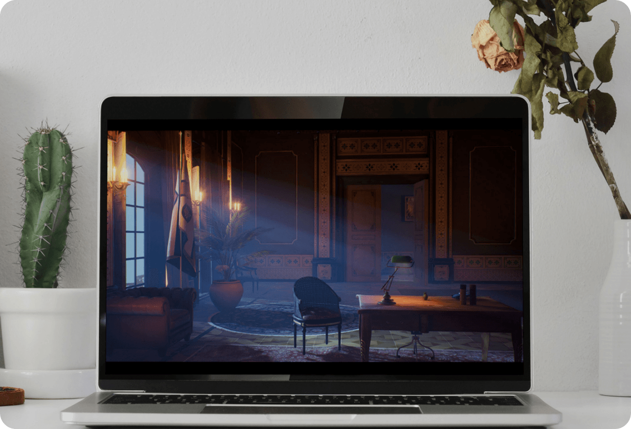 Fan spread of laptops showing Middle-Eastern flag-decorated food stall scene