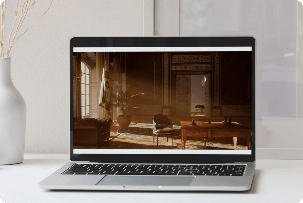 Laptop beside vintage biplane model showing brick alley store 3D scene angle 1