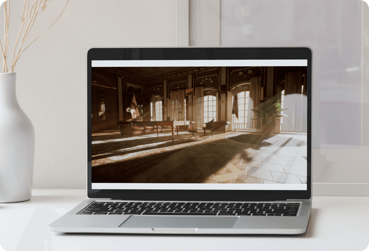 Laptop beside vintage biplane model showing brick alley store 3D scene angle 2