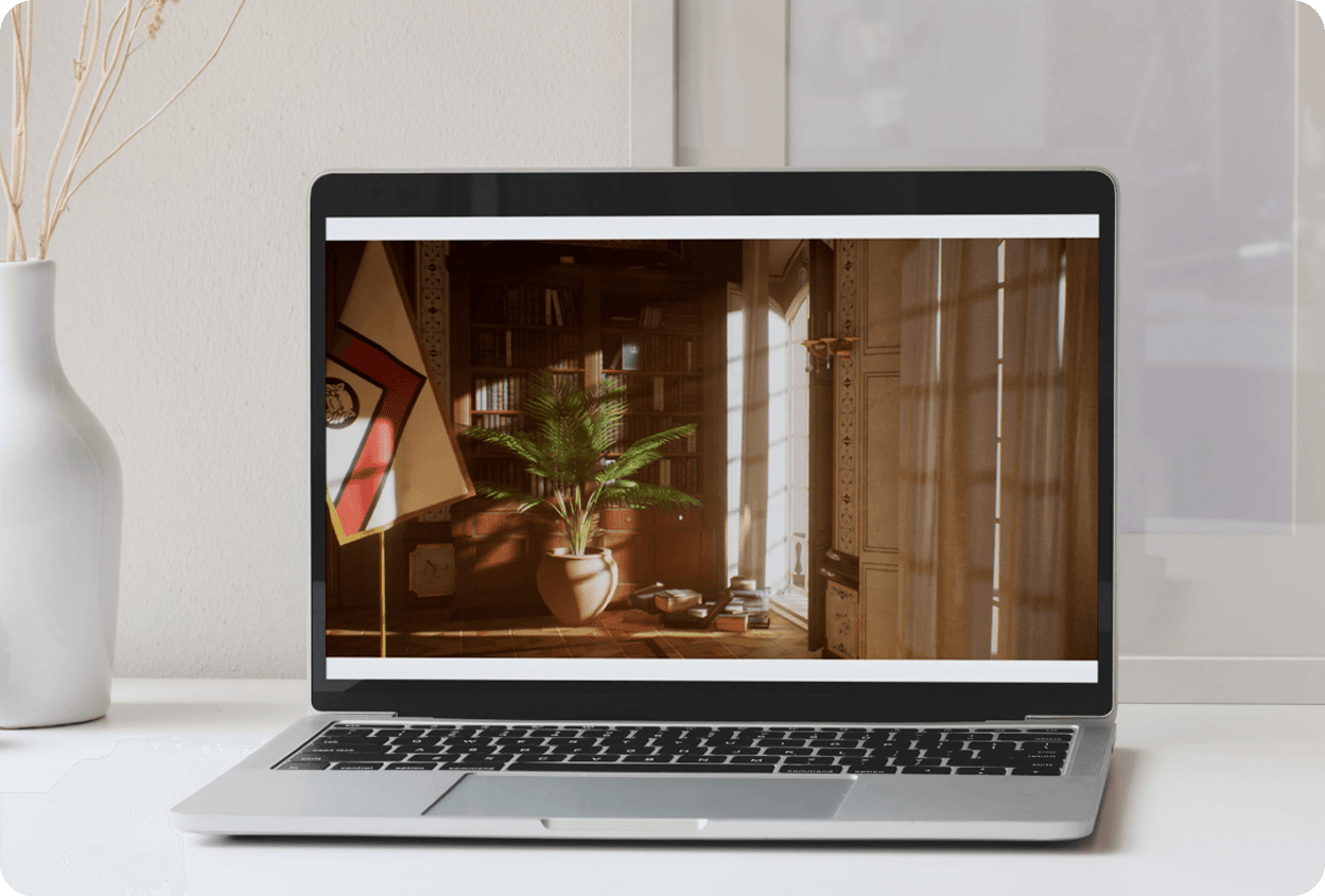 Multi-angle spread of laptops showing red motorbike 3D asset renders