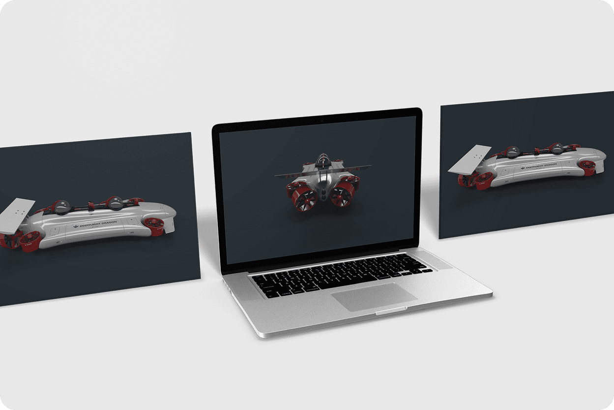 Laptop in office setting showing colourful toy car 3D model grid