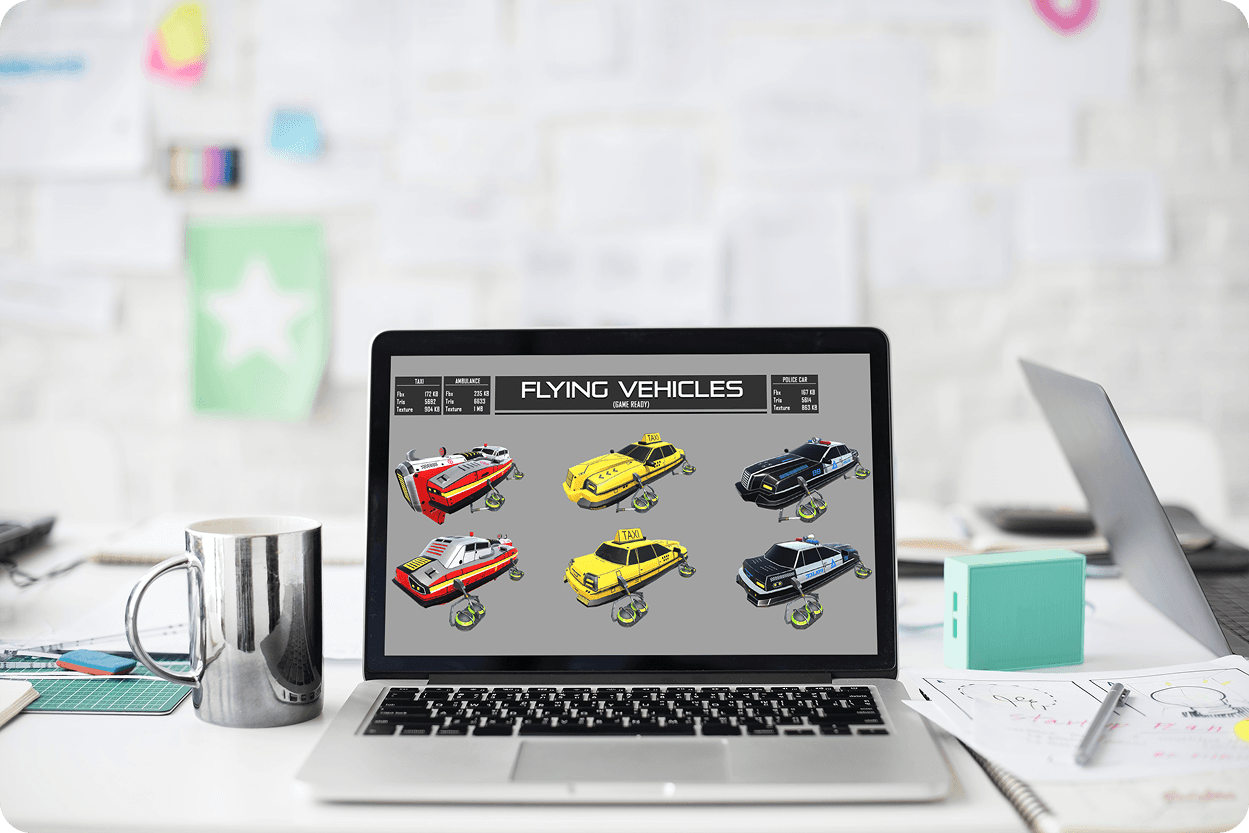 Fan spread of laptops showing geometric crystal diamond 3D assets