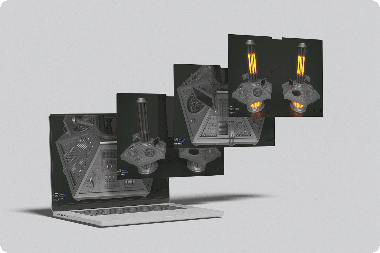 iMac on desk showing dark cinematic 3D environment on large display