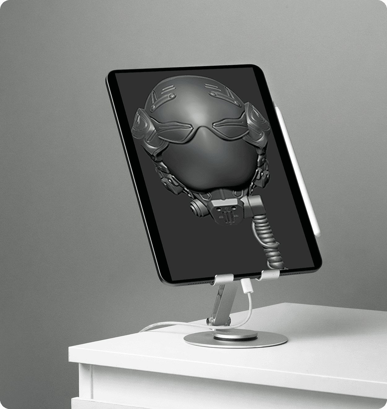 Tablet on metal stand showing detailed 3D skull and helmet composite model