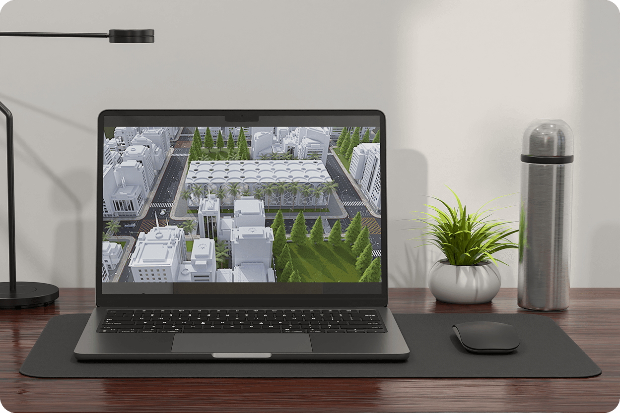 Laptop on wood desk beside lamp showing 3D city grid plan render