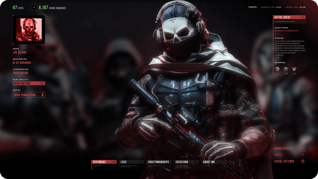 Cyberpunk-themed character menu screen with red glow accents