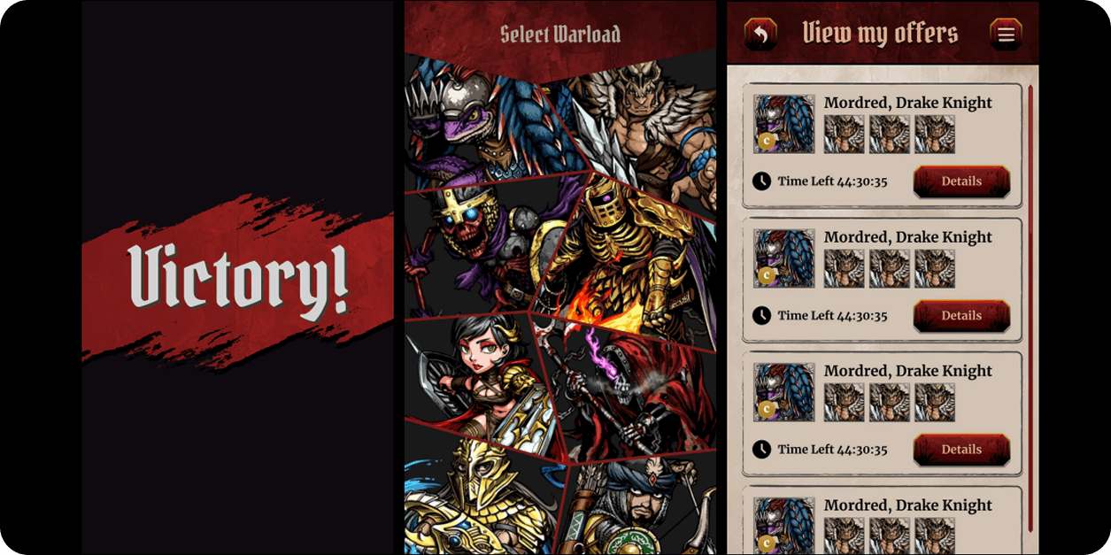 Dark Realms — color palette swatches in red, silver, and gold