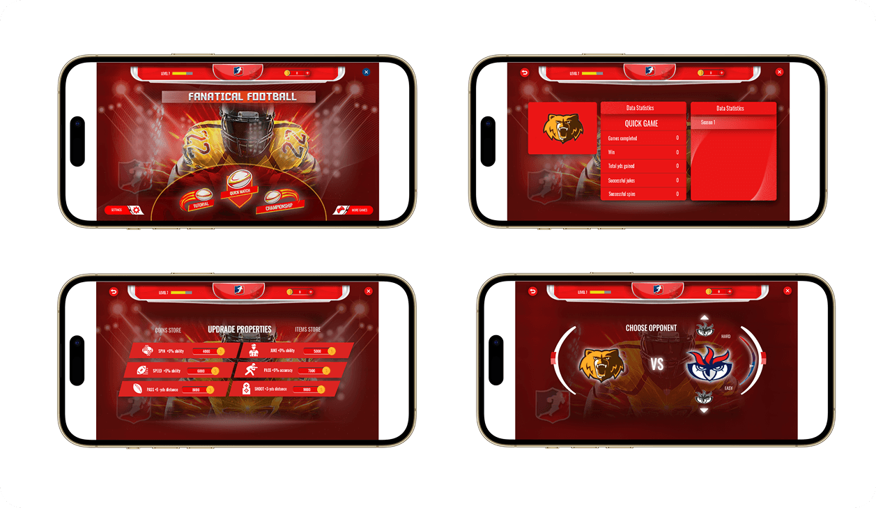 Game UI — purple-themed phone mockup A