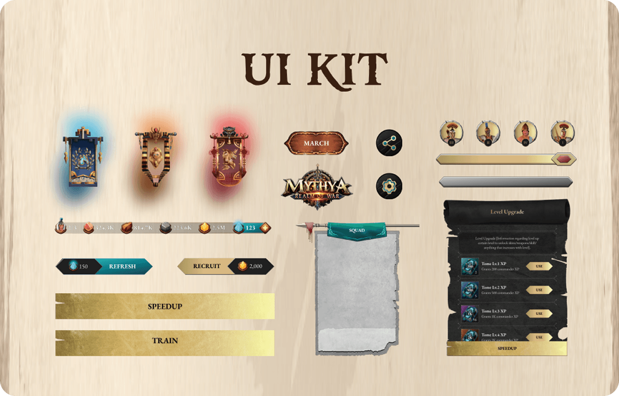 Mythyx — UI kit showing icons, buttons, and HUD components