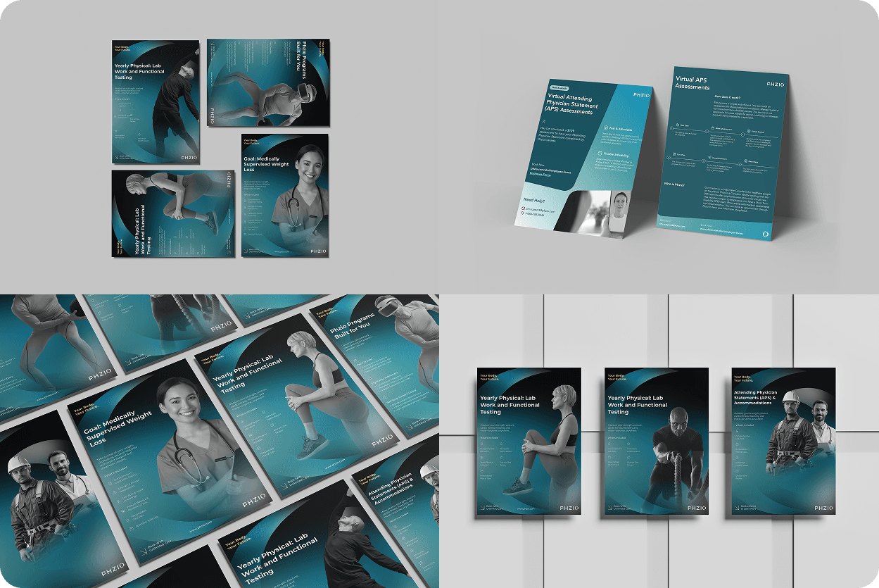 PHZIO flyer designs — 4-up grid layout