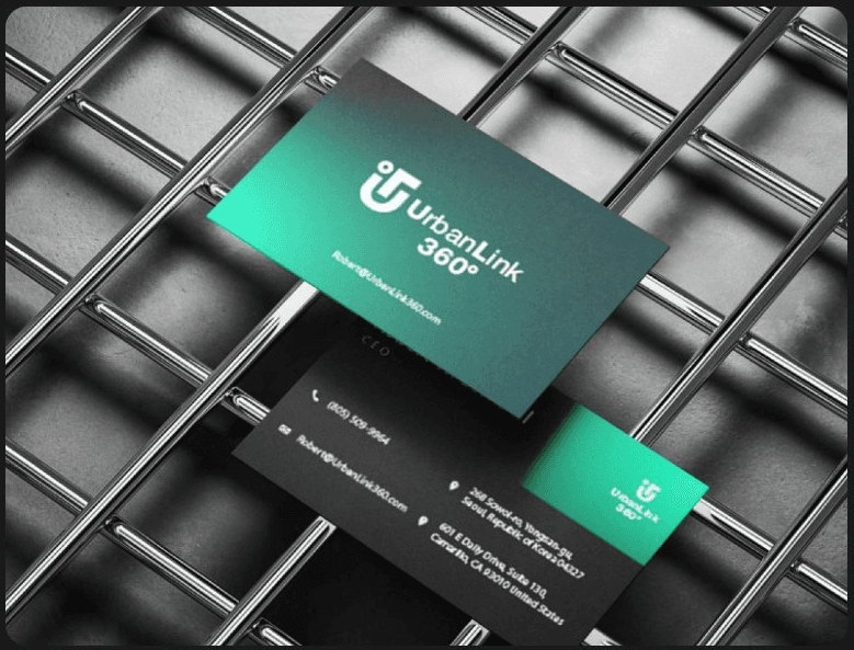 UrbanLink 360 business cards on dark background