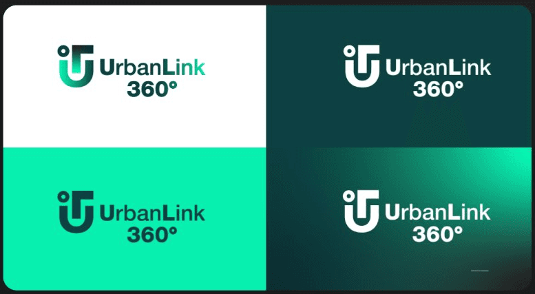 UrbanLink 360 logo variations on dark green gradient backgrounds