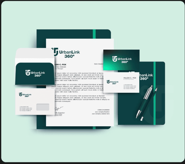 UrbanLink 360 full stationery suite flatlay